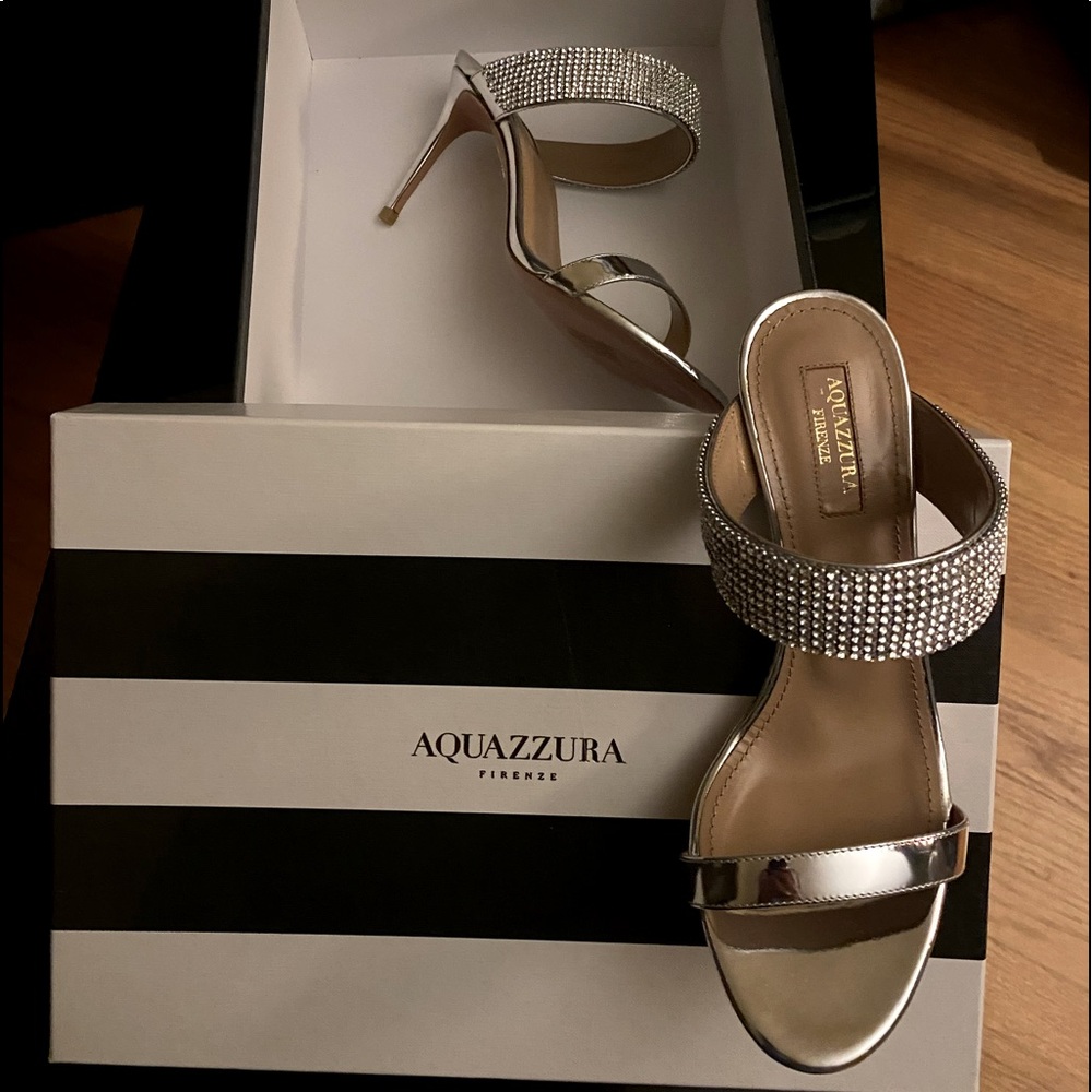 Aquazurra metallic heels. Mules  with Svarovski crystals.Calf leather. Worn once